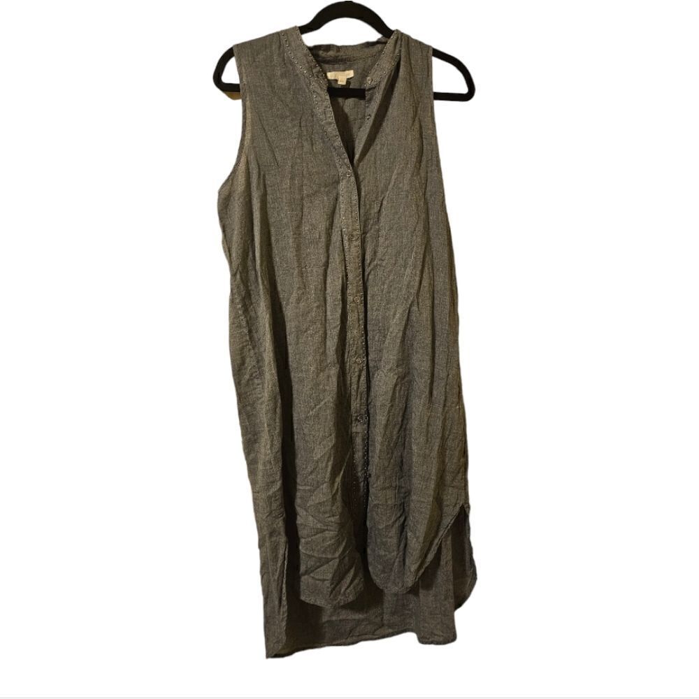 EILEEN FISHER Chambray‎ Sleeveless Button Up Shirt Studded Detail Dress - Size M